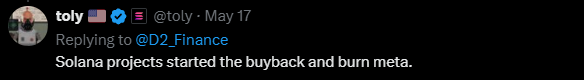 Toly tweet about Solana buyback and burn meta